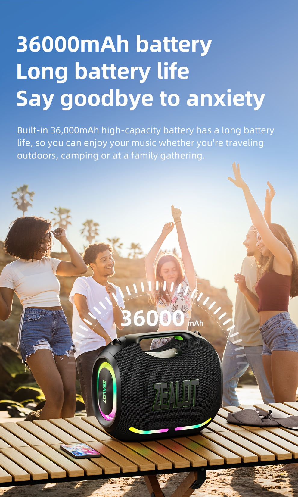 ZEALOT ZE01 120W High-power Wireless Speaker, Outdoor Portable, IPX5, And 4 Speakers, Built-in 24000mAh Battery, With RGB Color Lights, SD, USB, AUX, Internet Dual Pairing Function, Hands-free Calling, Supports Mobile Phones,