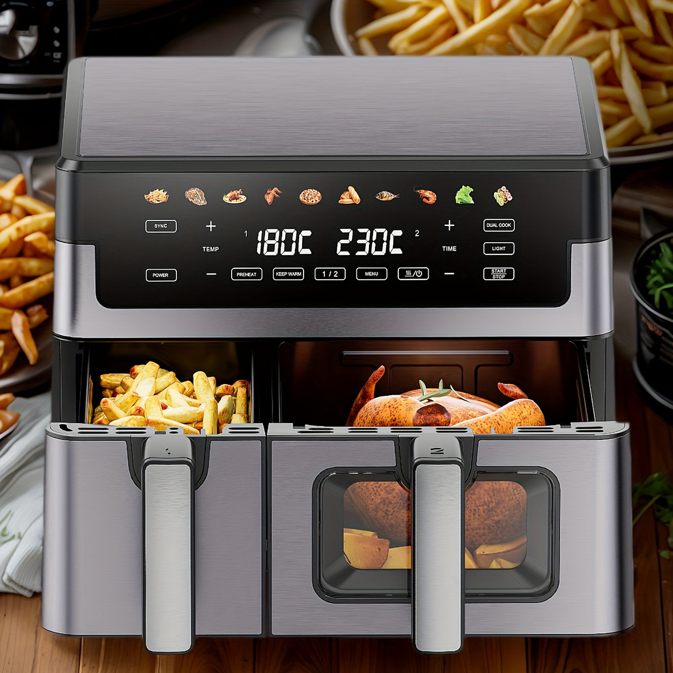 10/11L Air Fryer With Dual Flexi Baskets, Digital Touchscreen, 8 Cooking Modes, Adjustable Temperature, Viewing Window, Dishwasher-Safe, And Healthy Cooking Technology For Families And Meal Prep0/