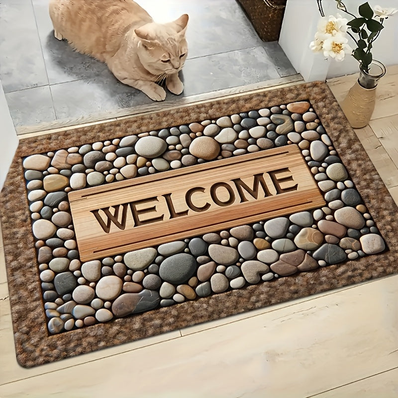 2D Welcome Home Non-Slip Door Mat - Durable, Machine Washable Mat with Stone Pattern & Wood Texture Design - Perfect for Farmhouse Decor, All-Season Use, Polyester Material, Welcoming Entrance Mat | Natural Look Mat | Wooden