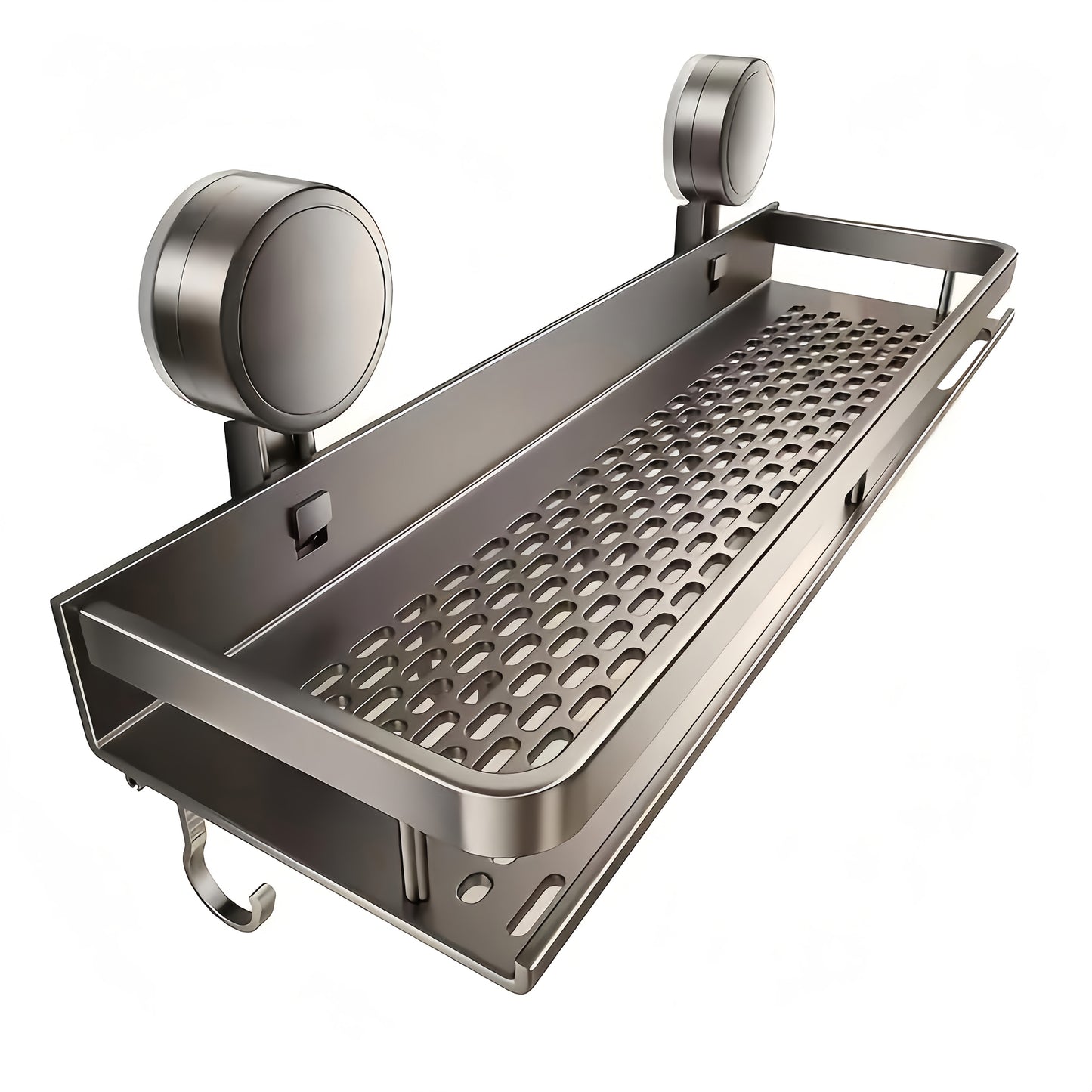 1pc Rustproof Wall Mount Shower Caddy with Suction Cups - Heavy-Duty Polished Finish Floating Shelf with Towel Hooks, Space-Saving Bathroom Organizer for Shampoo, Soap, and Accessories, Bathroom Organizers And Storage, Bathro