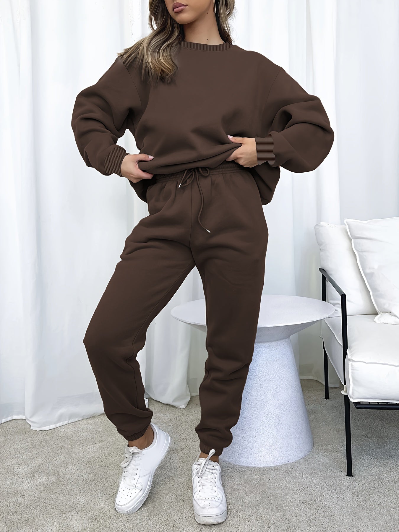 Solid Casual Two-piece Set, Crew Neck Long Sleeve Tops & Drawstring Jogger Pants Oufits, Women's Clothing