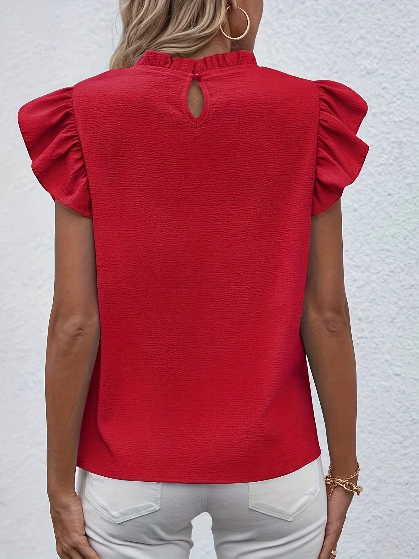 Ruffle Trim Crew Neck Blouse, Casual Solid Color Flutter Sleeve Blouse For Spring & Summer, Women's Clothing Wedding holiday vacation