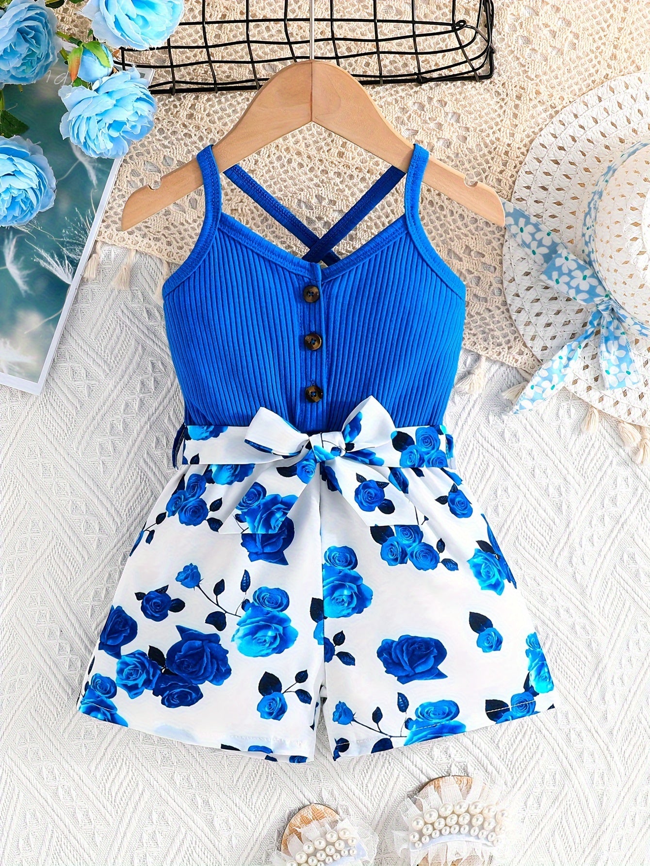 Girls' Summer Casual Floral Print Off-Shoulder Jumpsuit with Adjustable Waist Belt - Lightweight Breathable Shorts for Outdoor Play & Daily Wear, Blue & White Flower Design, Perfect for Weekend Outings, Cute Outfits for Girls