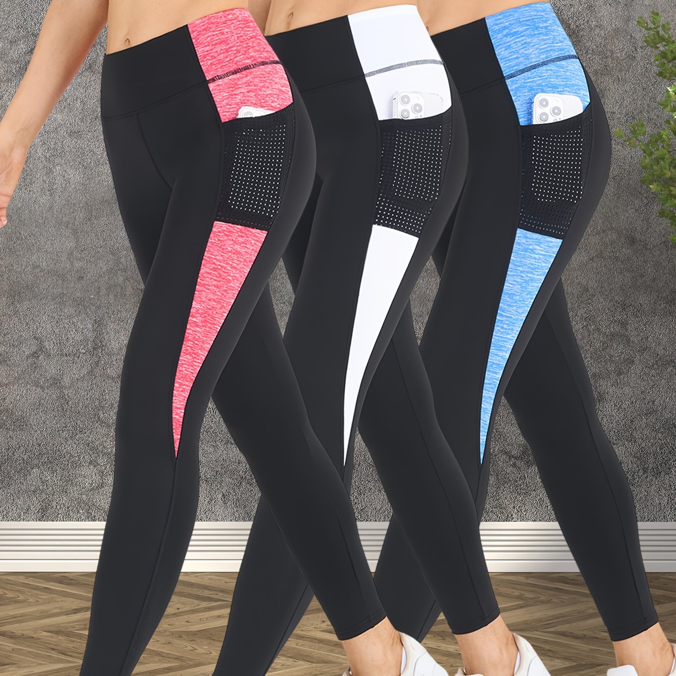 3-Pack Women's Yoga Pants Non-See-Through High-Waisted Workout Leggings - Sweat Absorbent Quick-Dry Yoga Pants with Side Pocket, Stretchy Gym Running Pilates Pants for Women (Black/Gray/Pink Accents - Affordable 3-Pack Deal),