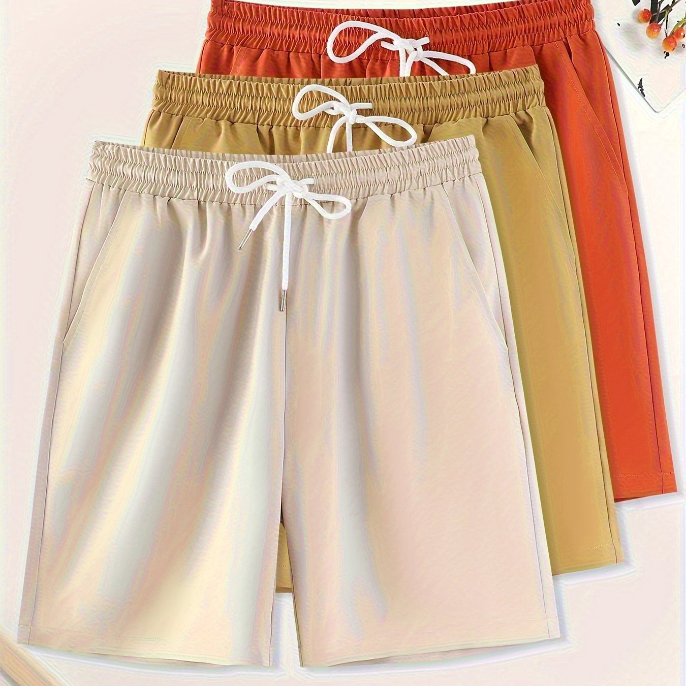 3pcs Men'S Plus Size Casual Shorts Set - White with Black Spider Web Print, Drawstring Waist, Non-Stretch Fabric, Perfect for Beach or Sports, Beach Shorts | Sporty Style | Woven Texture