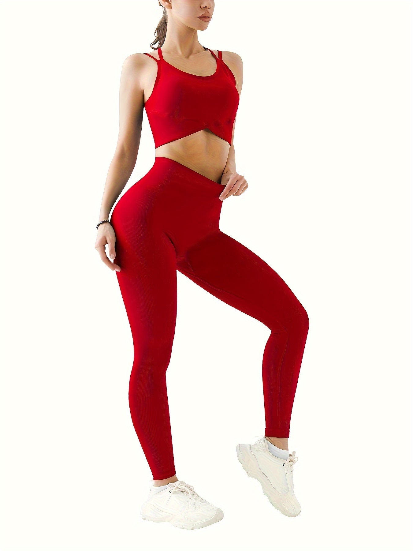 2pcs Solid Color Workout Sets, Backless Sports Bra & Wide Waistband Hip Lift Running Leggings, Women's Activewear