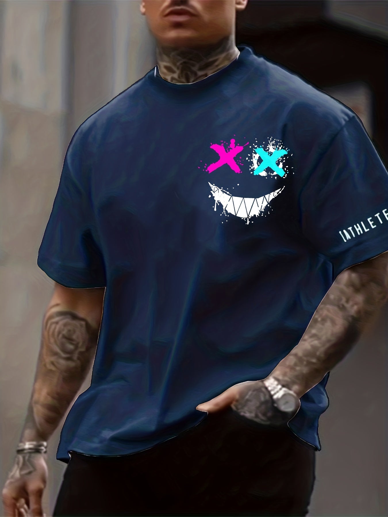 Smile Face Print, Men's Graphic Design Crew Neck T-shirt, Casual Comfy Tees Tshirts For Summer, Men's Clothing Tops For Daily Vacation Resorts