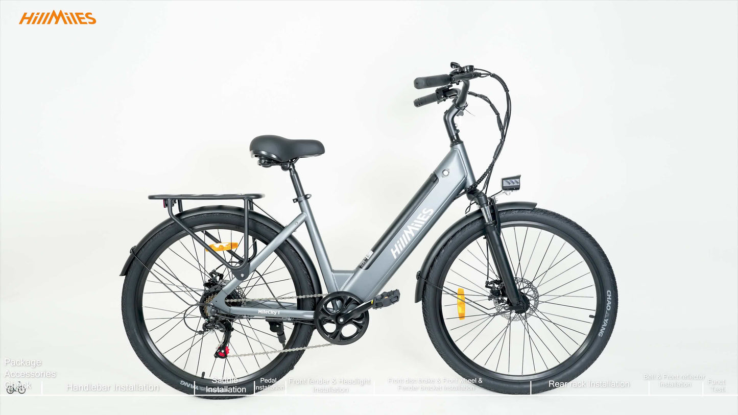 MileCity1 Step-Thru Electric Bike - Heavy-Duty Adult e-Bike with 250W Motor, 120KM Long Range, Front Suspension, 7-Speed Gears, LED Display, 66.04cm x 4.95cm All-Terrain Tires, Dual Brake System - Fast-Charging, for City Comm