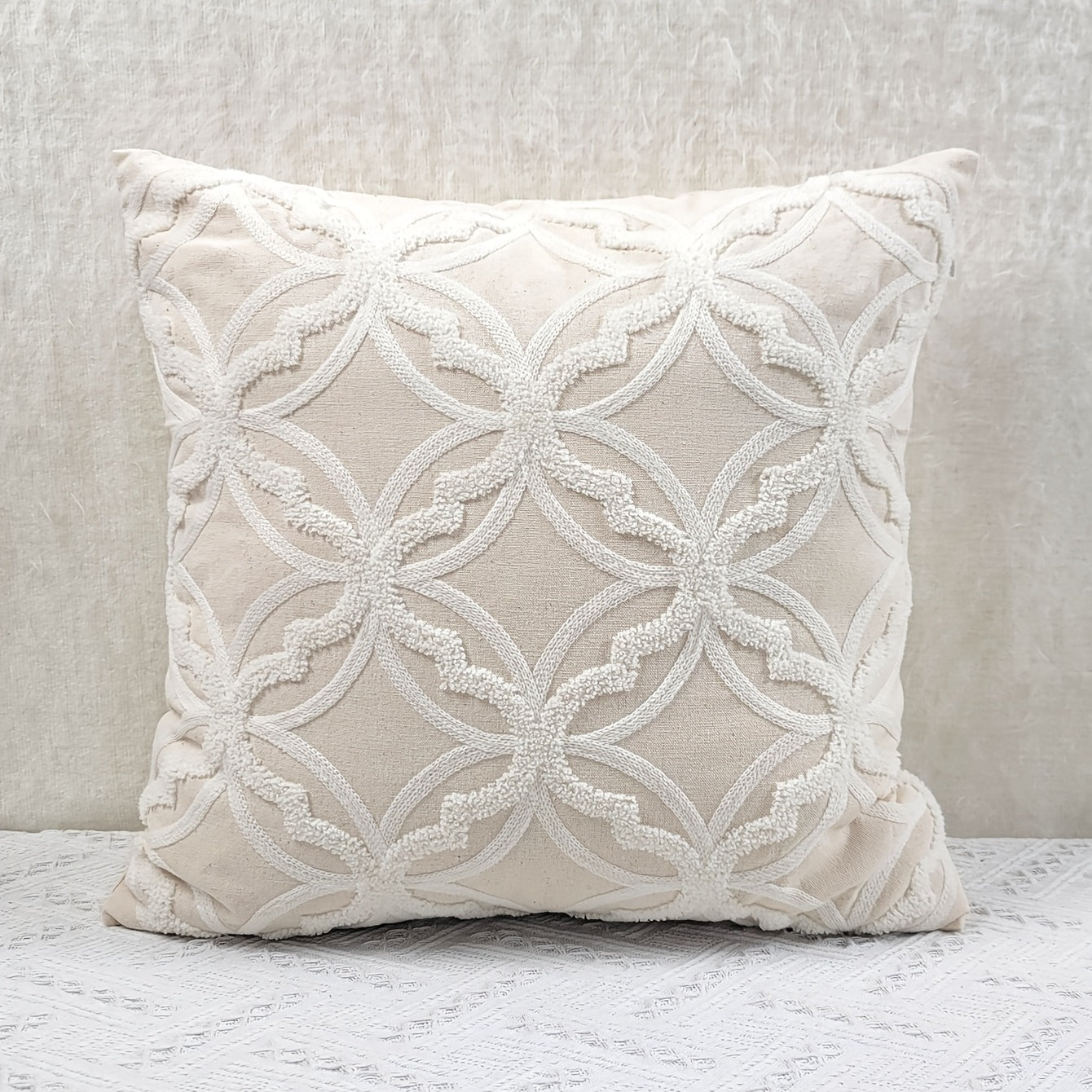 1pc Geometric Pattern Towel Embroidery Cushion Cover, Beige Base Fabric with White Embroidery