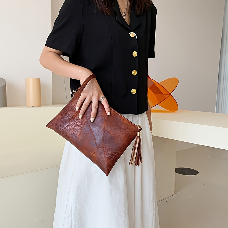 Women's Vintage Handbag & Wallet Clutch - Detachable Strap & Zipper Closure, Tassel Fringe Tassel Chain Strap, Golden-Tone Hardware, Deep Brown/Black Retro Wallet Purse for Everyday & Formal Events, Lining, Geometric Pattern,