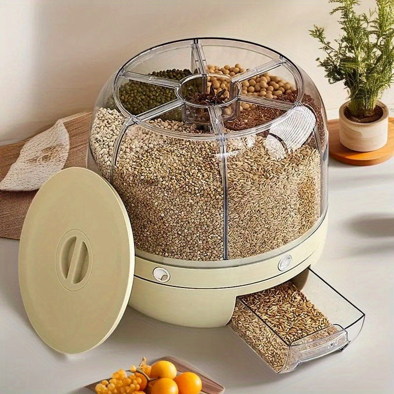 360° rotating partitioned rice bucket, rotatable home-use pest and moisture-proof multi-functional sealed rice storage box, classified grain and bean storage