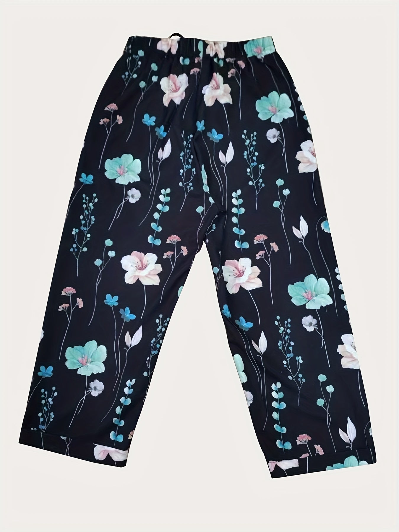Floral Print Drawstring Straight Leg Pants, Casual Dual Pockets Pants For All Season, Women's Clothing