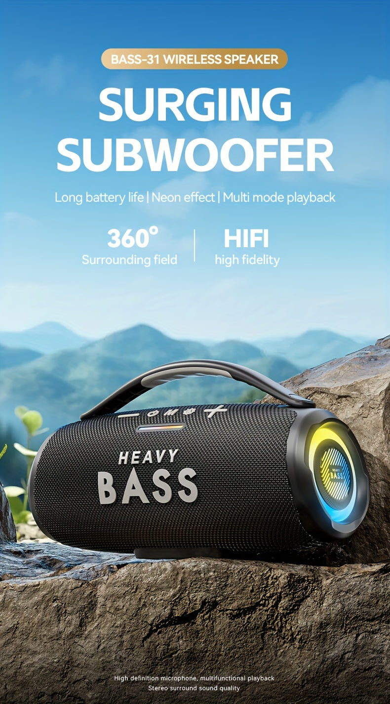 HEAVY BASS 30W Wireless Speaker with Subwoofer, USB-C Charging, Wireless, Built-in Mic, Portable PA System for Home Theater, Camping, Parties - Compatible with PC, Tablet, Smartphone, USB Drive - Ideal for DJs, Presentations,