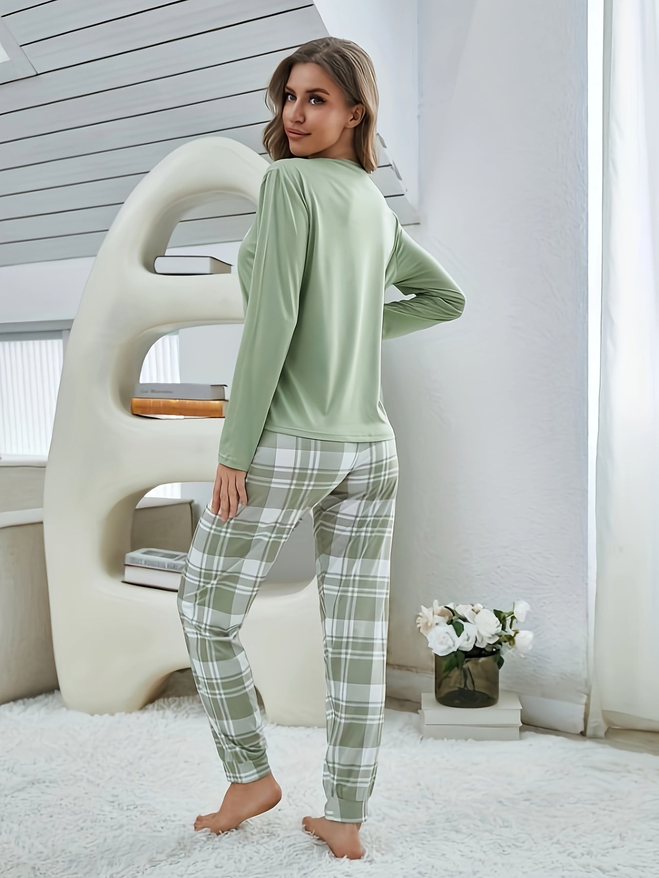 Women's round-neck printed long-sleeve top, plaid pants, pajamas, and loungewear
