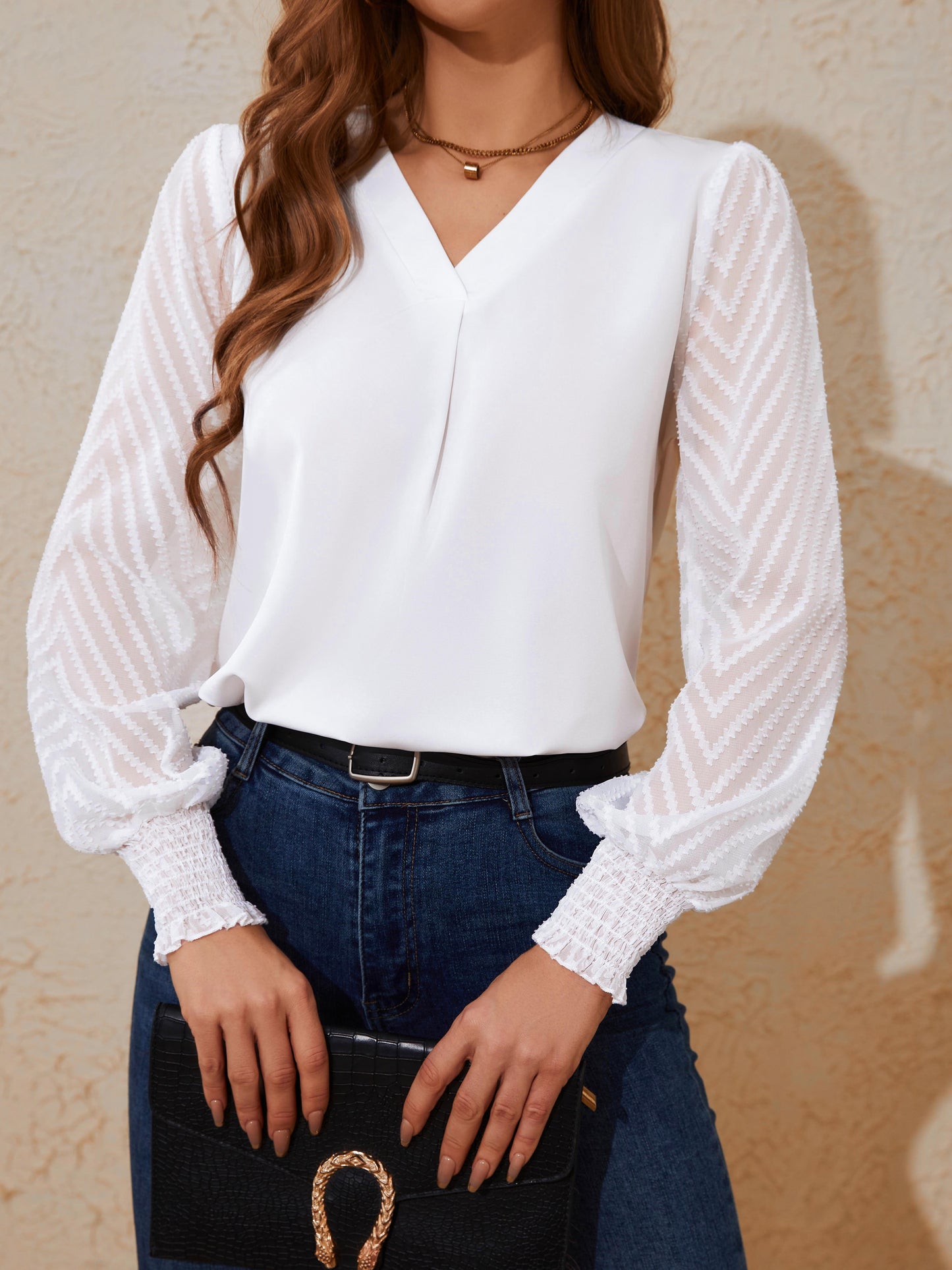 Solid Textured Mesh Splicing Blouse, Elegant V-neck Lantern Sleeve Blouse For Spring & Summer, Women's Clothing