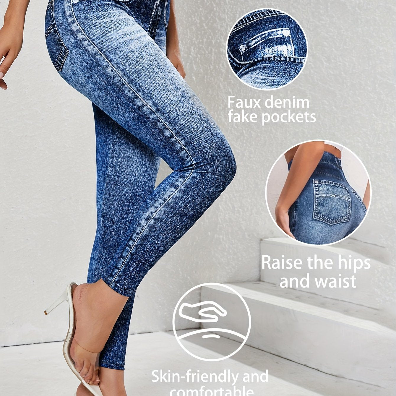 【imitation denim】New Women'S Fashion Casual Trendy Comfortable Breathable High-Waisted Stretchy Blue Faux Denim-Like Printed Leggings for Daily Commuting, Enhancing The Hips And Waist, Women'S Base Layer Pants, Fitted Leg