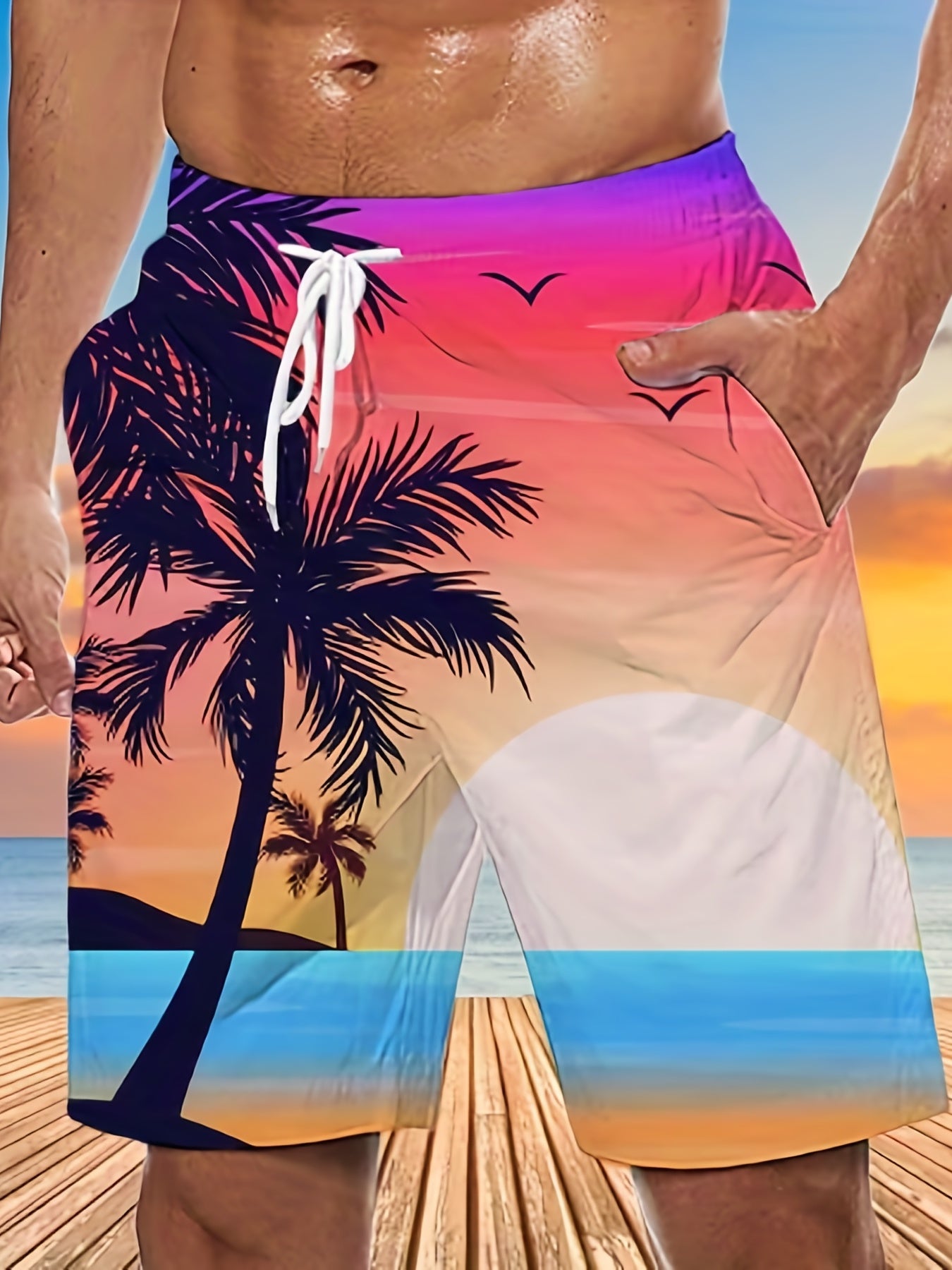 Quick Drying Comfortable Breathable Gradient Palm Tree At Dawn Seaside Drawstring Swim Trunks, Men's Board Shorts Swimwear For Summer Vacation Resort Beach Pool