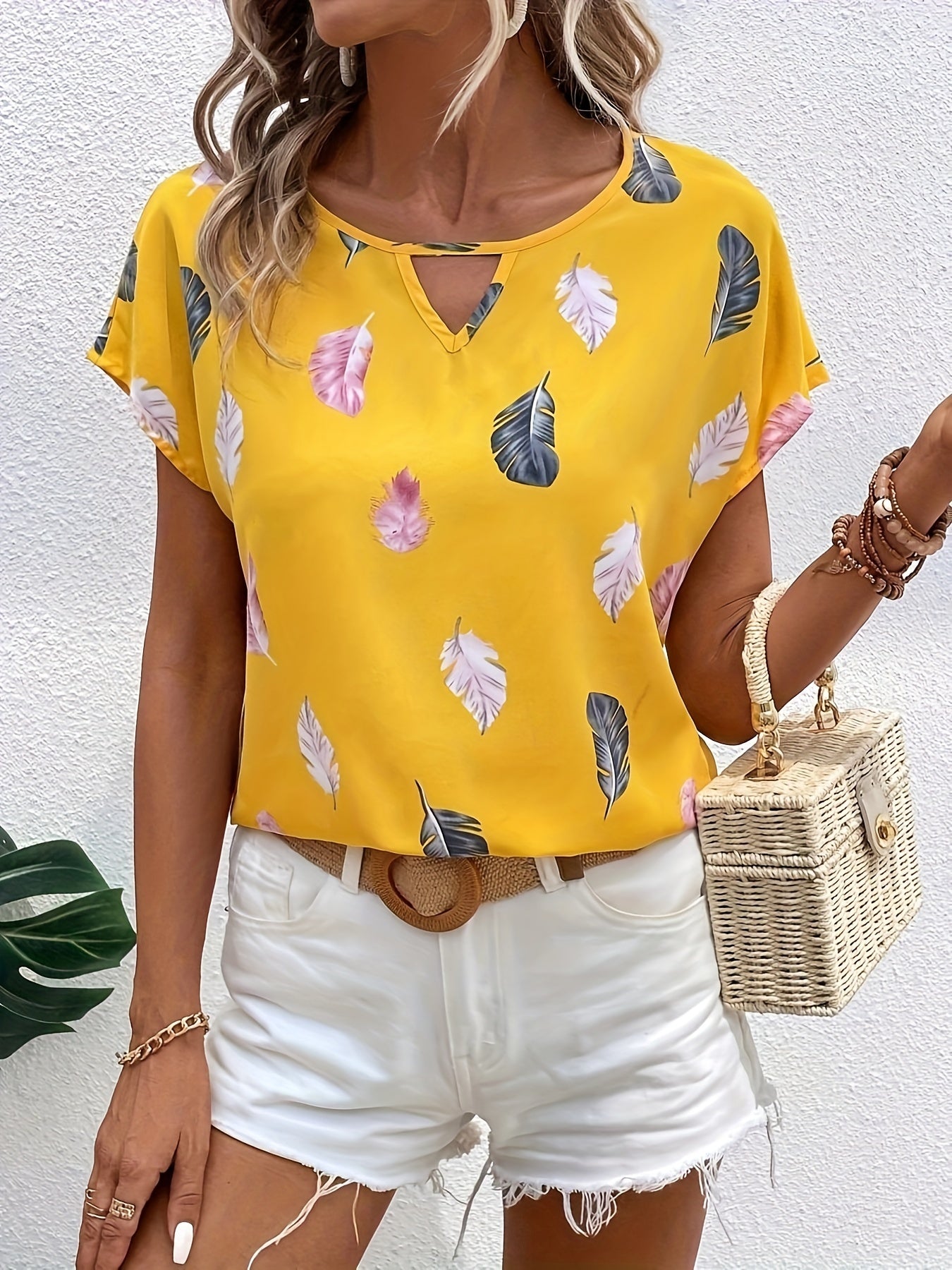 Vintage Graphic Print Cut Out Blouse, Casual Batwing Sleeve Blouse For Spring & Summer, Women's Clothing