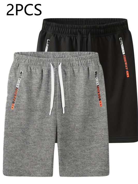2pcs Men's Casual Outdoor Shorts - Summer Men's Casual Shorts with Zipper Pockets, Minimalist Multi-Pocket Design for Daily Wear, Running, Fitness & Travel, 100% Polyester Knit Fabric, Drawstring Waistband, Machine Washable,