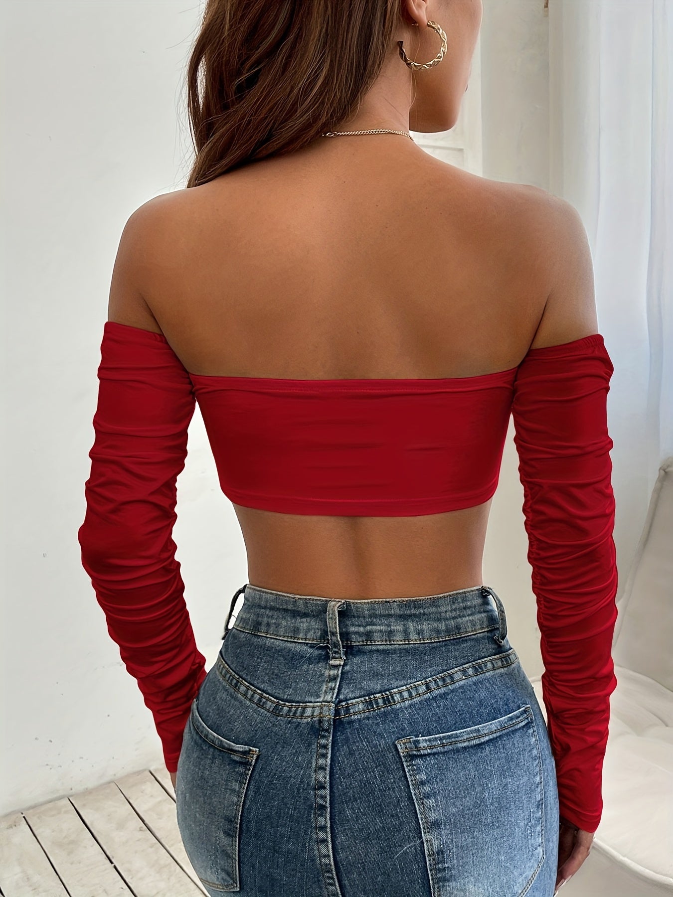 Off Shoulder Ruched T-shirt, Sexy Cropped Drawstring Long Sleeve T-shirt, Women's Clothing