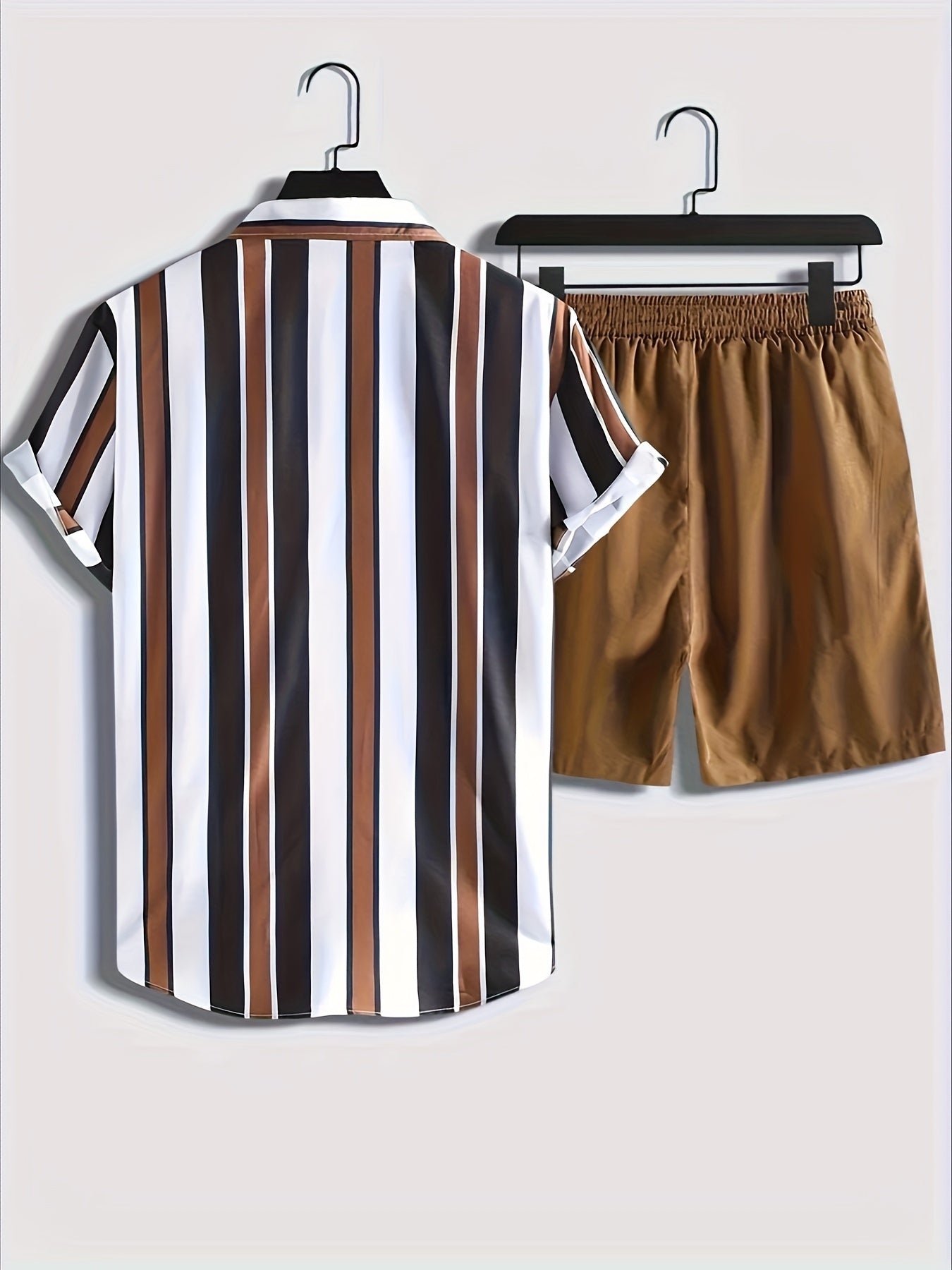 2pcs Men's Stripe Pattern Color Block Short Sleeve Button Shirt & Loose Shorts, Men's Casual Outfit For Summer Vacation