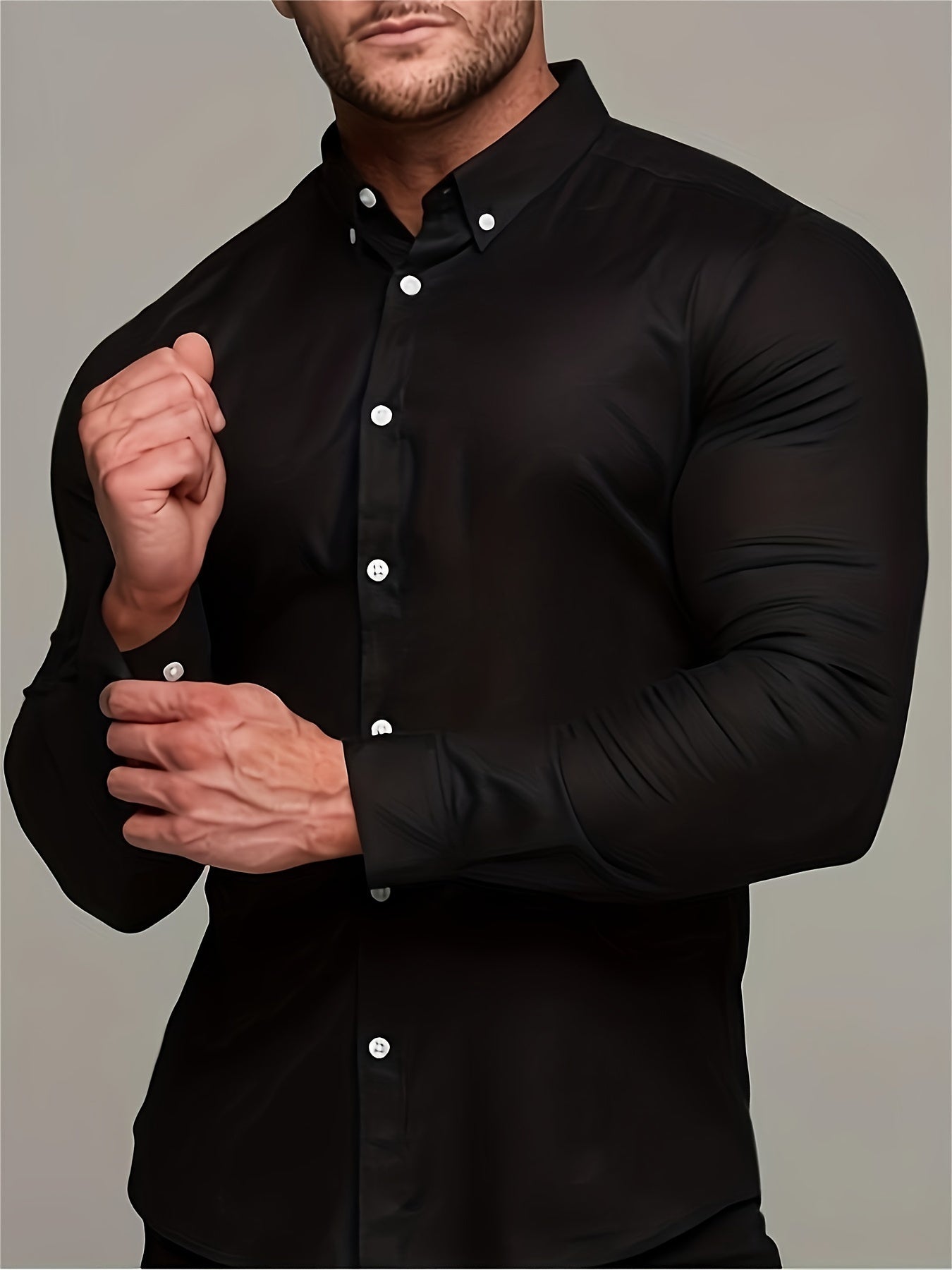 Solid Color Men's Slim Fit Stretch Quick-drying Long Sleeve Button Up Shirt, Spring Fall Workout Activity