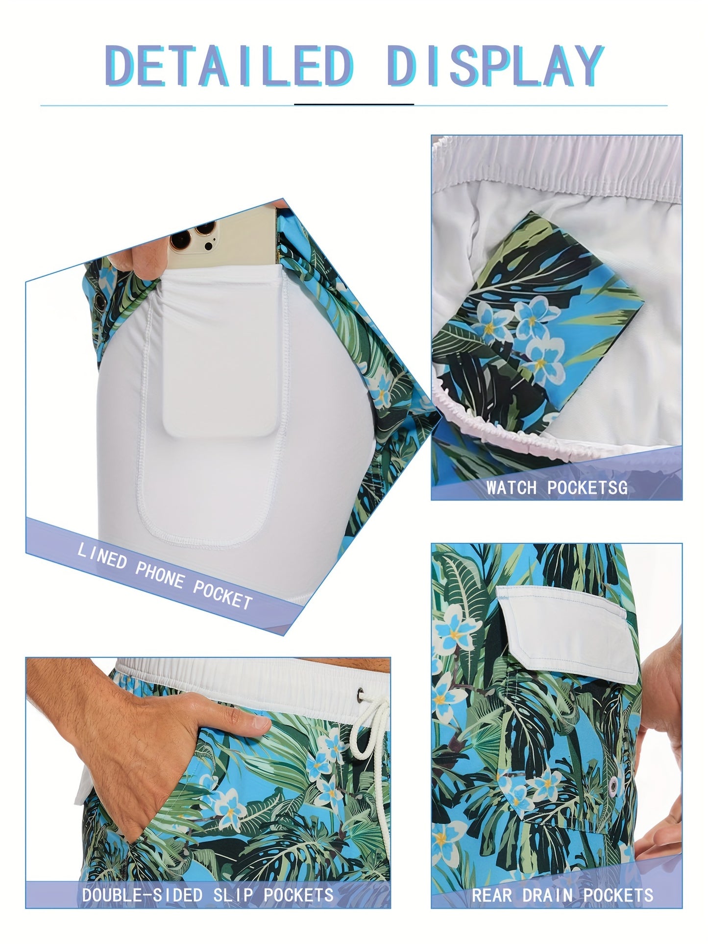 Men's Quick-Dry Beach Shorts with Tropical Palm Tree & Palm Leaf Print - Breathable Stretch Fabric for Summer, Outdoor, Hiking, Swimming - Machine Washable Casual Athletic Shorts, Outdoor Activewear, Summer Shorts