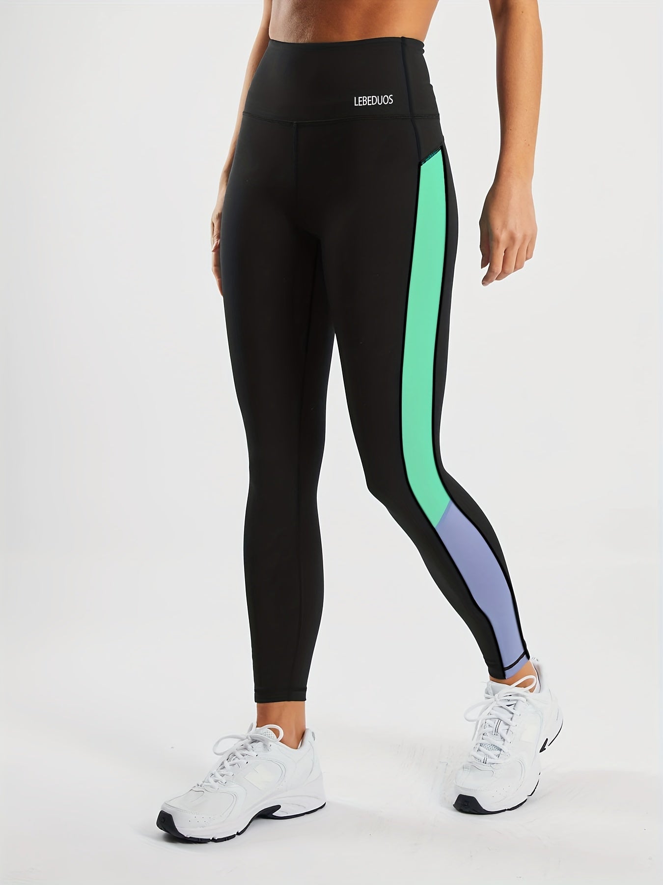 Women's High-Waisted Yoga Leggings - Full-Length Black with Neon Green & Blue Vertical Stripe Contrast, Breathable Stretchy Workout Pants for Gym, Pilates, Running, Tennis | Spring/Fall Casual Athletic Wear, Machine Washable