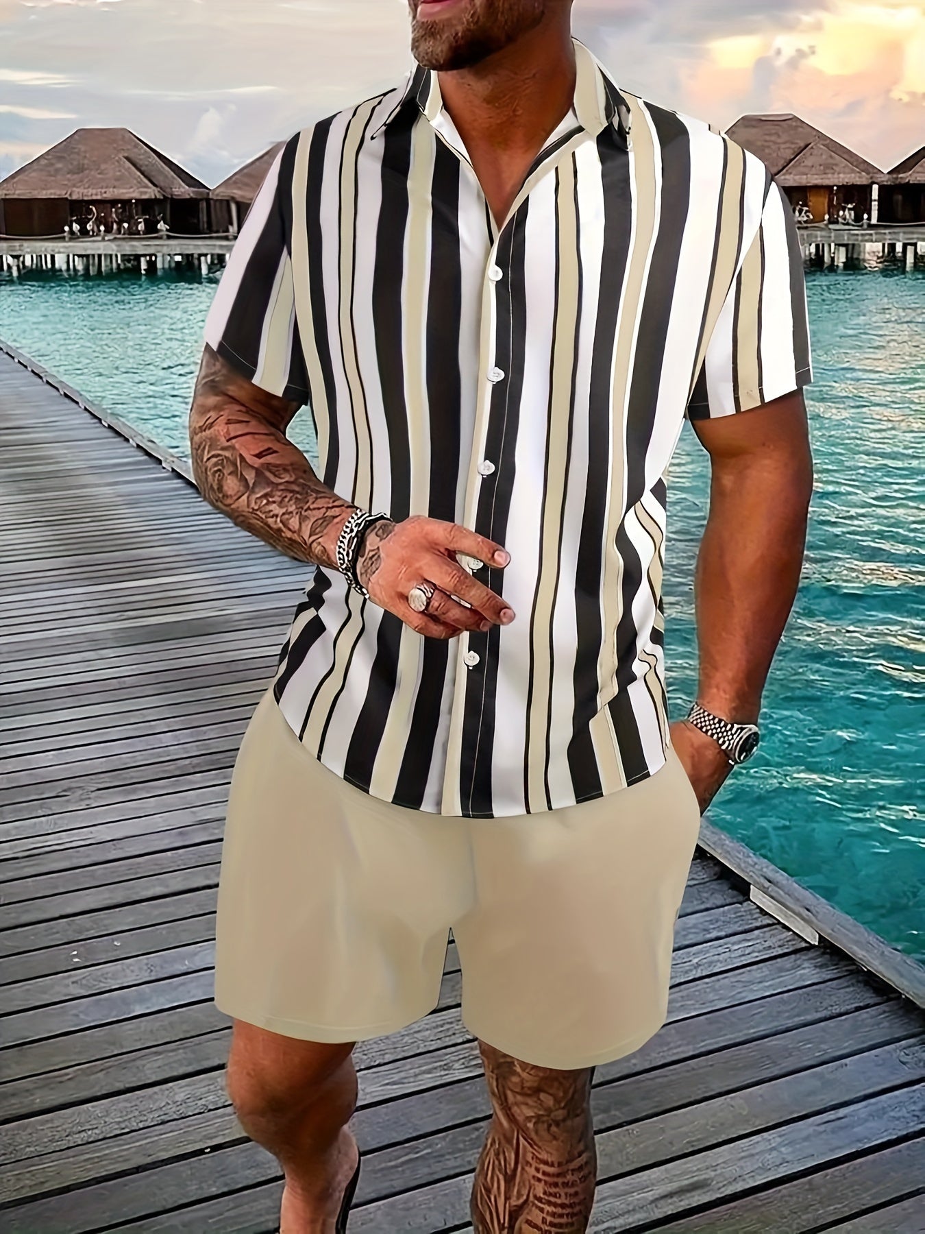 2pcs Men's Stripe Pattern Color Block Short Sleeve Button Shirt & Loose Shorts, Men's Casual Outfit For Summer Vacation