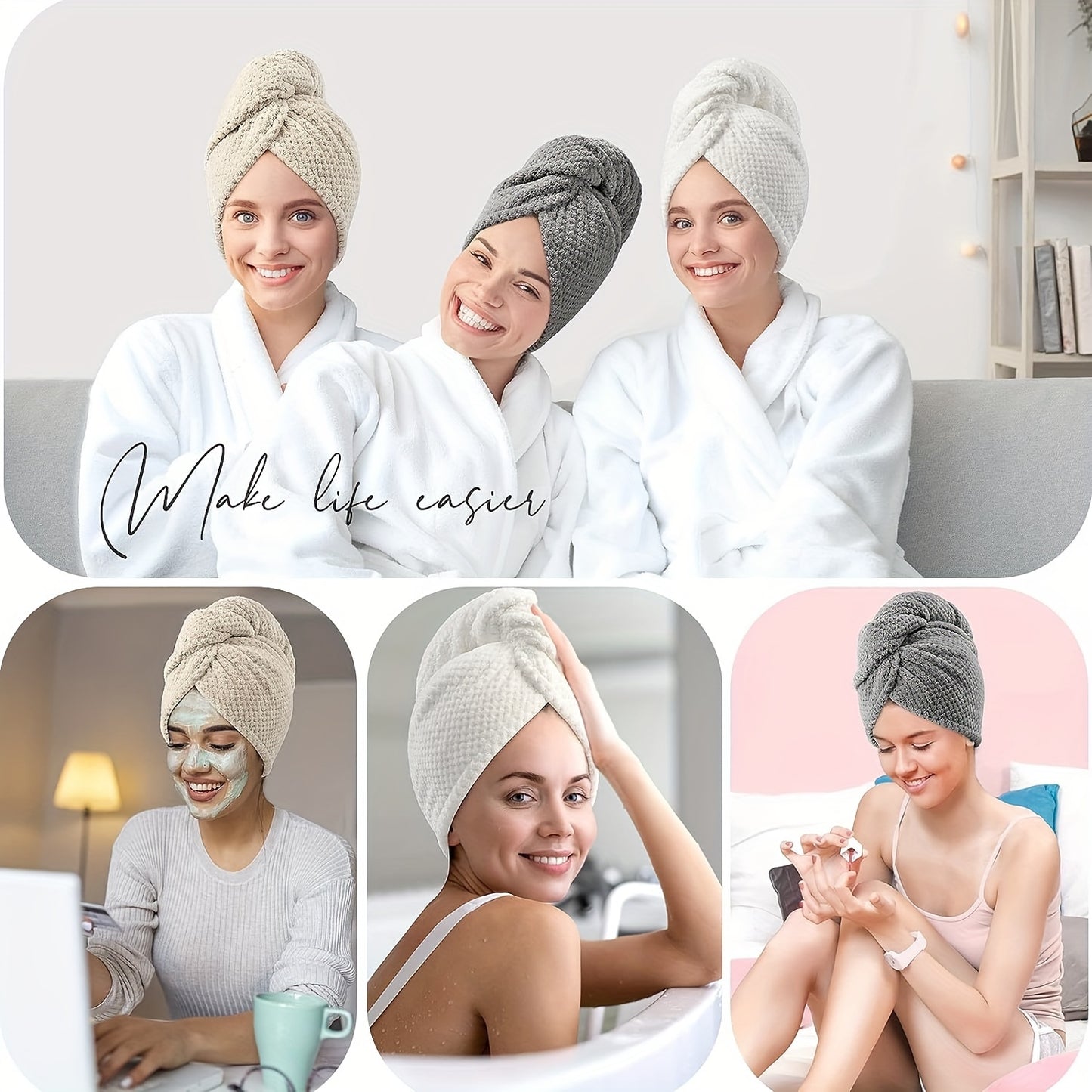 Microfiber Hair Towel Wrap 1 PCS - Soft and Fluffy Waffle Weave, Fast Drying Hair Cap with Button, Knit Fabric, Suitable for Bathroom - Contemporary Polyester Space-Themed Towel for Women, Highly Absorbent