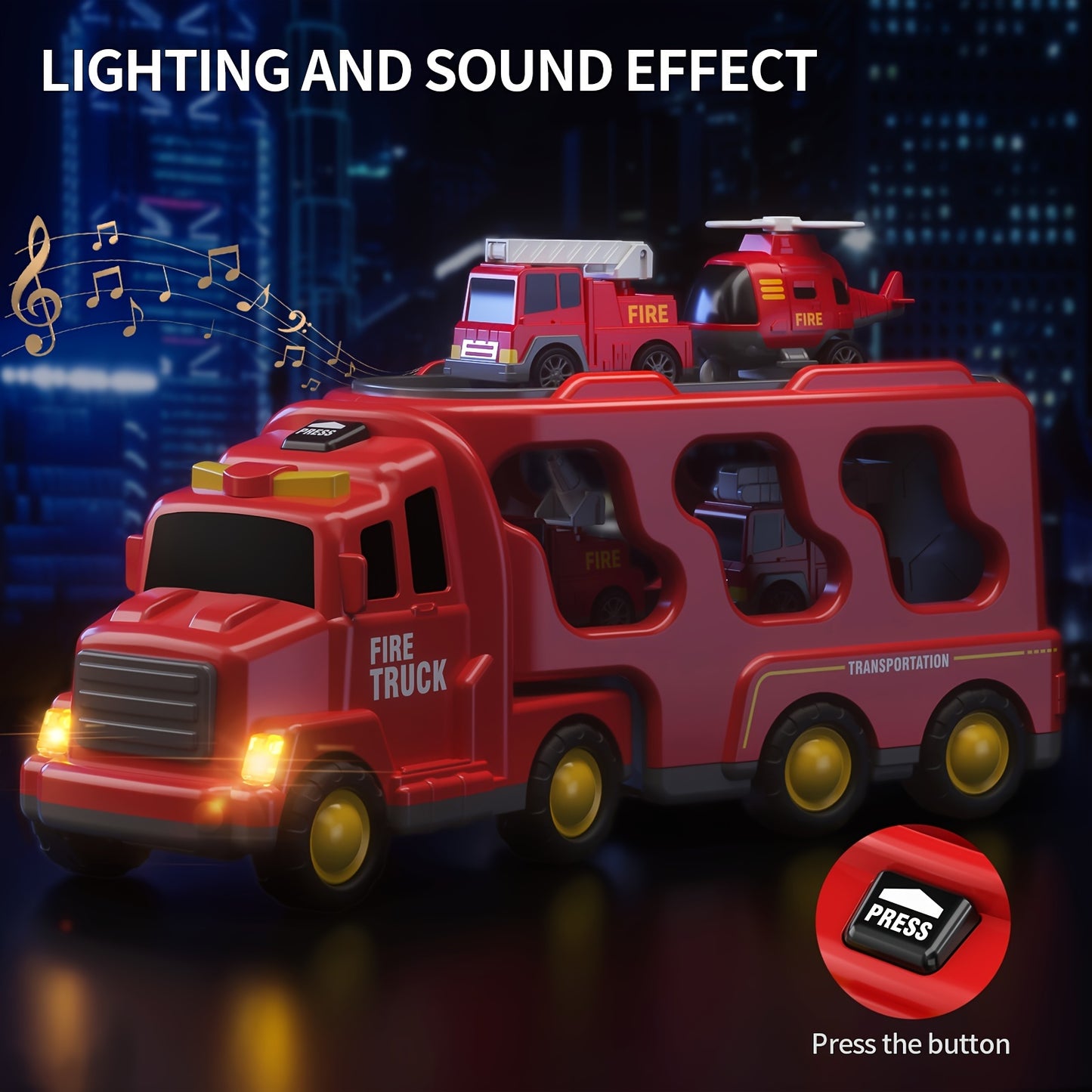 BABYHOME Toddler Fire Engine Toys, For Boys Girls - 5-In-1 Carrier Truck Transport Cars, Firefighter Vehicles For Kids, Christmas Birthday Gifts For Boys Girls