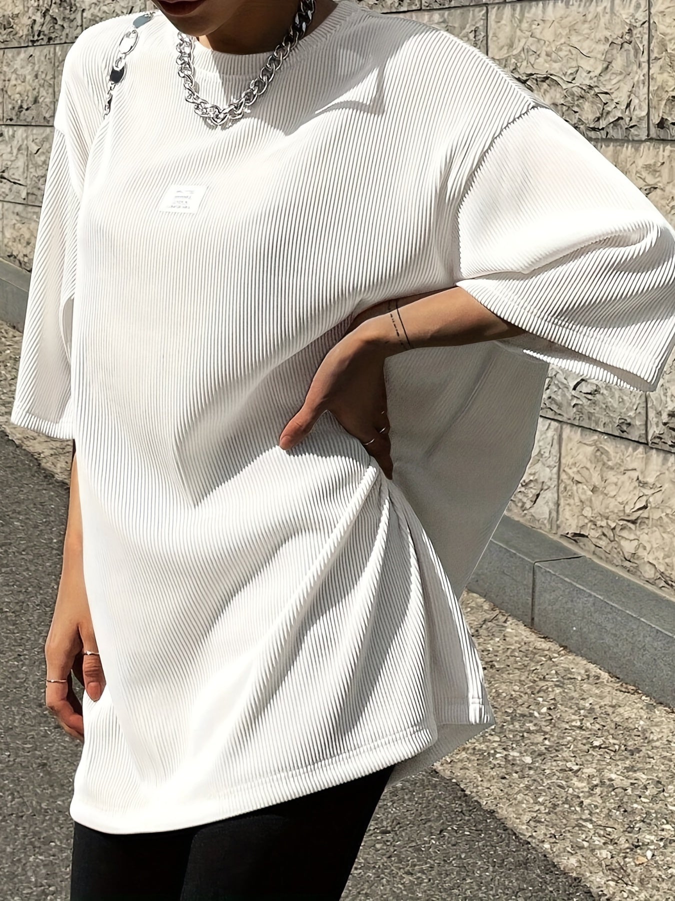 Oversized Drop Shoulder Ribbed T-Shirt, Casual Crew Neck Short Sleeve T-Shirt For Spring & Summer, Women's Clothing