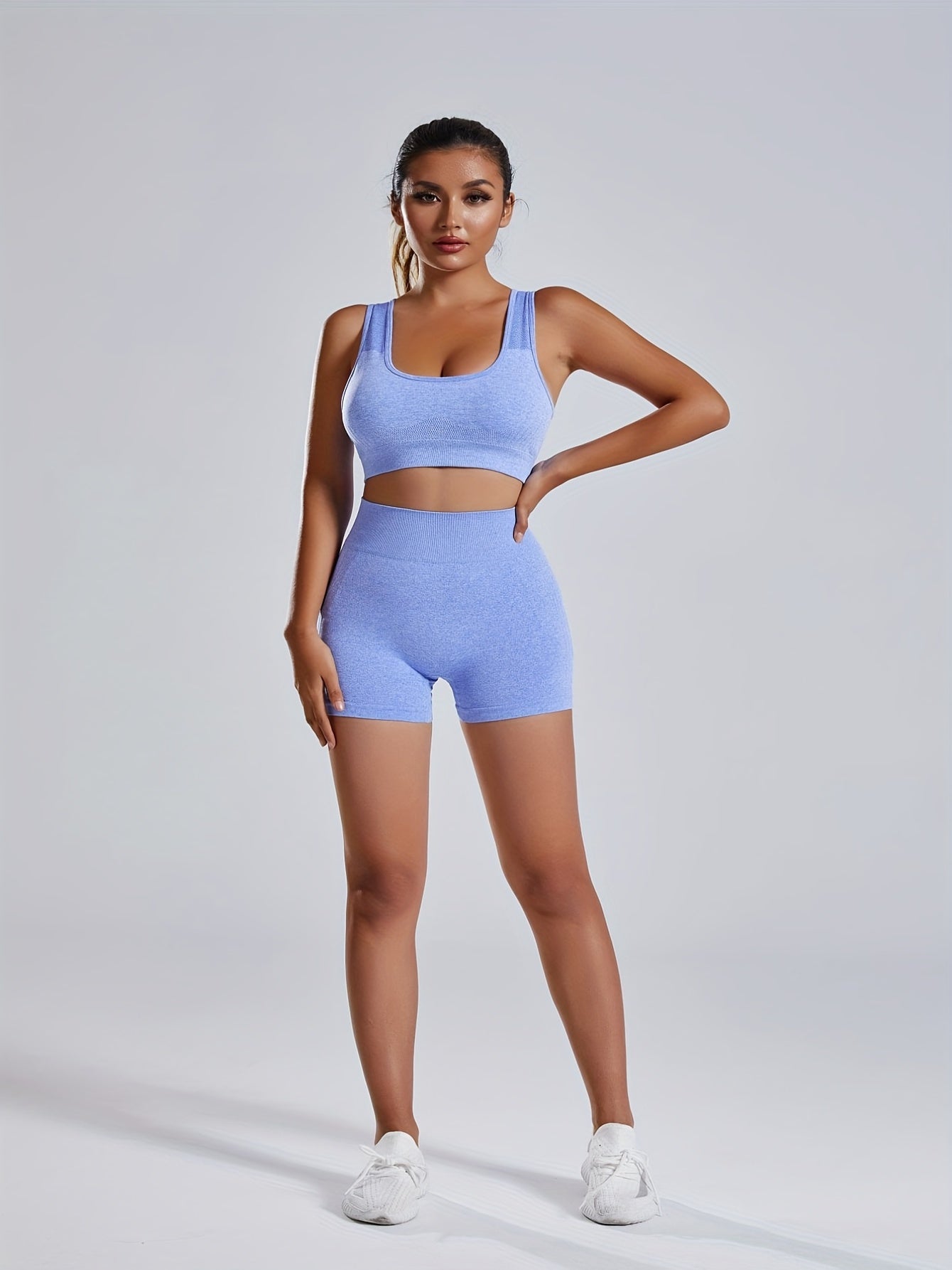 Women'S Seamless Sports Yoga Set, Summer New High Stretch Knit Fabric, Solid Color Polyamide 90% Elastane 10%, Short Length Fitness Gym Wear with Backless Bra and Butt Lifting Yoga Pants