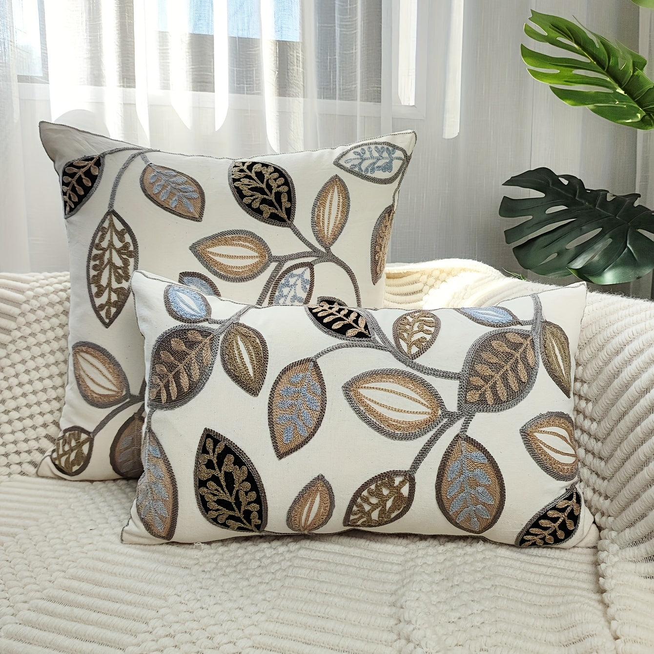 1pc Leaf Embroidered Decorative Throw Pillow Case, Canvas Cushion Cover For Living Room, Home Decor