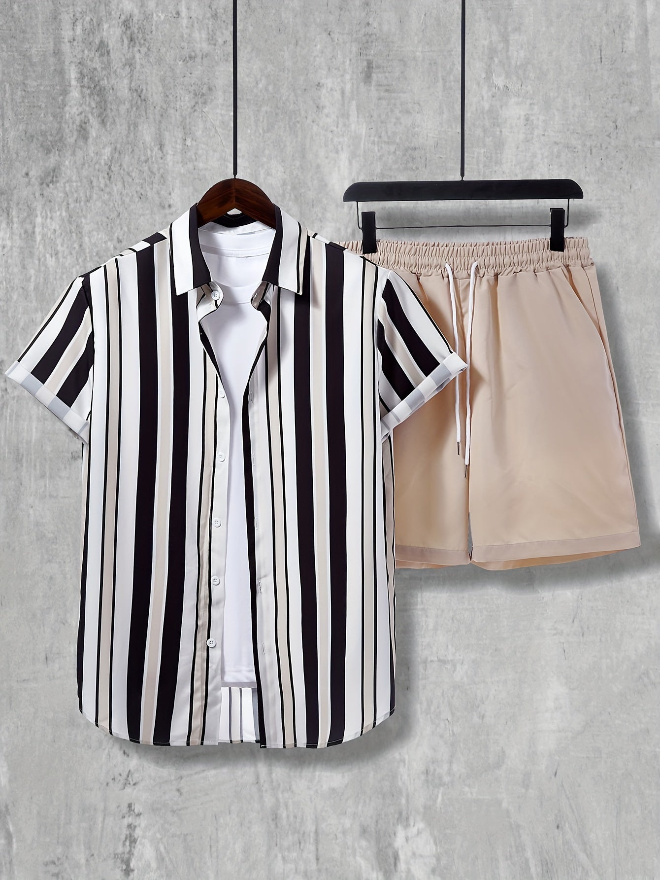 2pcs Men's Stripe Pattern Color Block Short Sleeve Button Shirt & Loose Shorts, Men's Casual Outfit For Summer Vacation