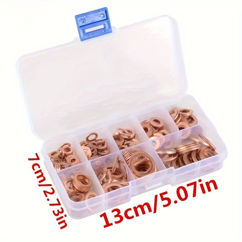 100pcs Copper Washer Gasket Nut And Bolt Set, Flat Ring Seal Assortment Kit With Box,/M5/M6//M8/M10/M12/M14 For Sump Plugs