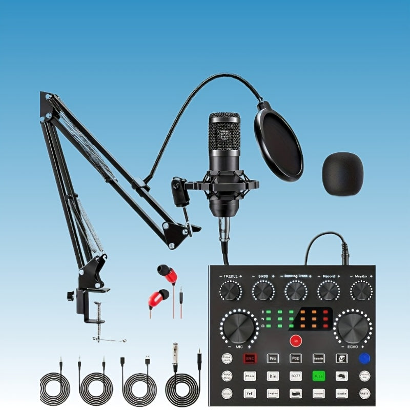 All-in-One Streaming Audio Kit with BM800 Microphone, V8S Mixer, and Multiple Accessories - Durable Metal Body, USB/Power Supply, Noise Cancellation, One-Click Sound Effects, Dual Device Connection, Ideal for Podcasting, YouT
