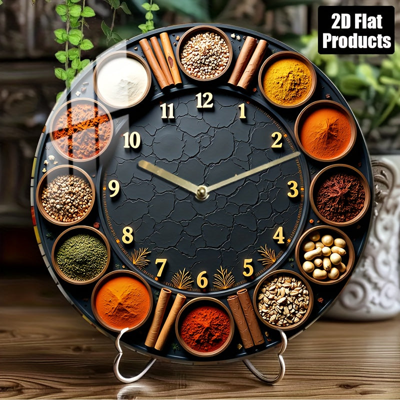 1pc 8-Inch Silent Round Wall Clock with Spice & Herb Design - Acrylic Quartz Movement, Golden Accents, Battery-Powered (AA Not Included) - Kitchen, Bedroom, Living Room, Kitchen Clock, Home Decoration, Decorative Timepiece, H