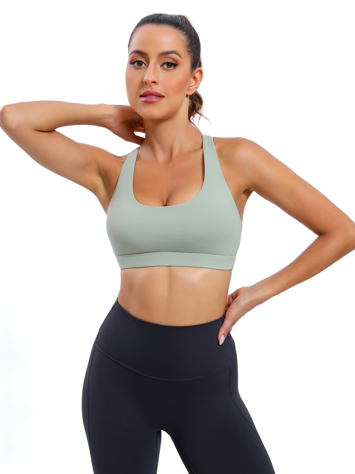 LEOQ Women's Slim Fit Yoga Sports Bra - Elegant Cross-Back Design, Mint Green Nylon Spandex Blend, Removable Pads, Medium Support for Fitness & Yoga, LEOQ