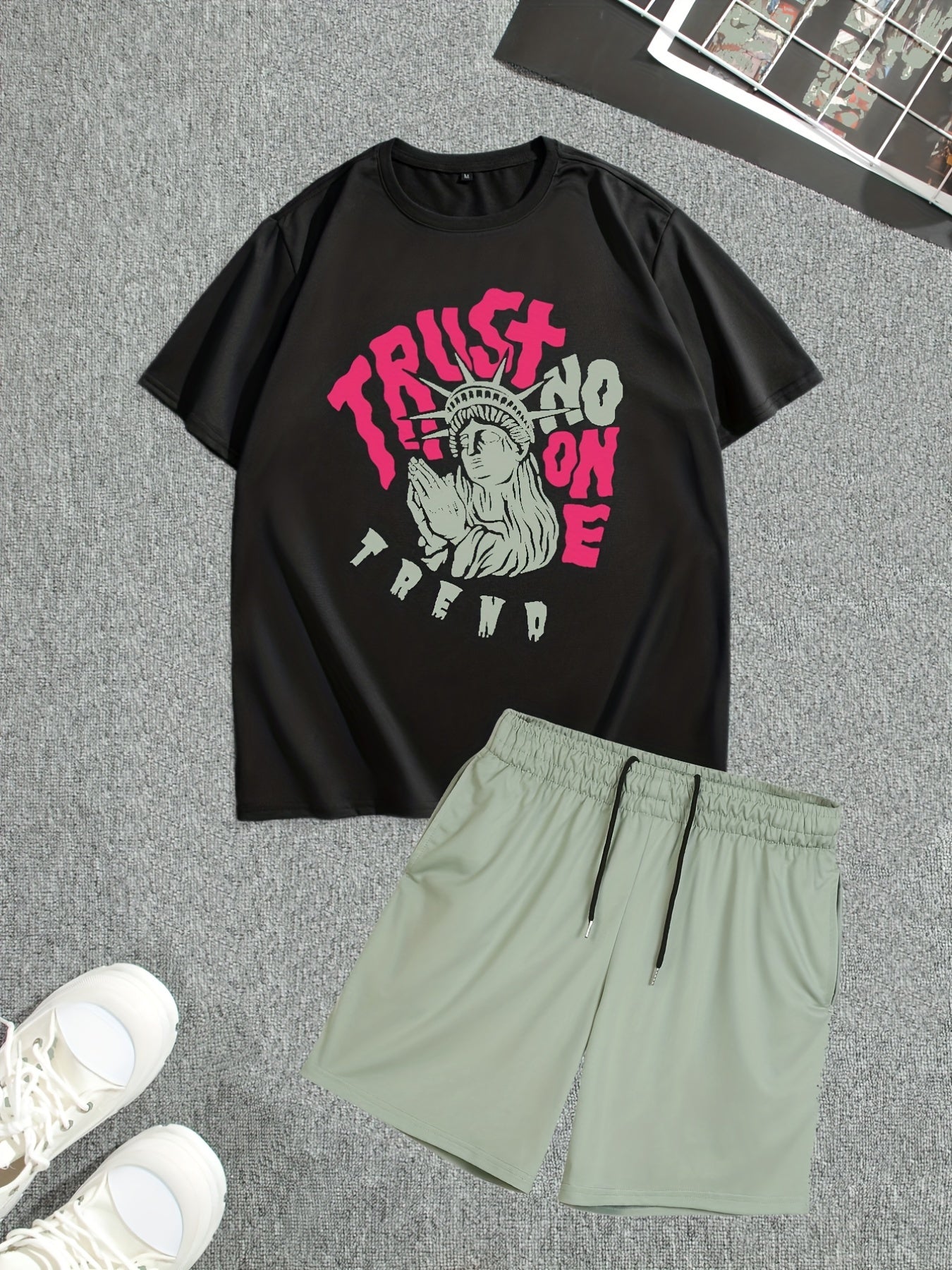 Men's Street Style Summer 2PCS Outfits, Male's Trend TRUST Graphic Short-sleeve Crew Neck T-shirt Drawstring Shorts Set, Casual Clothes For Men