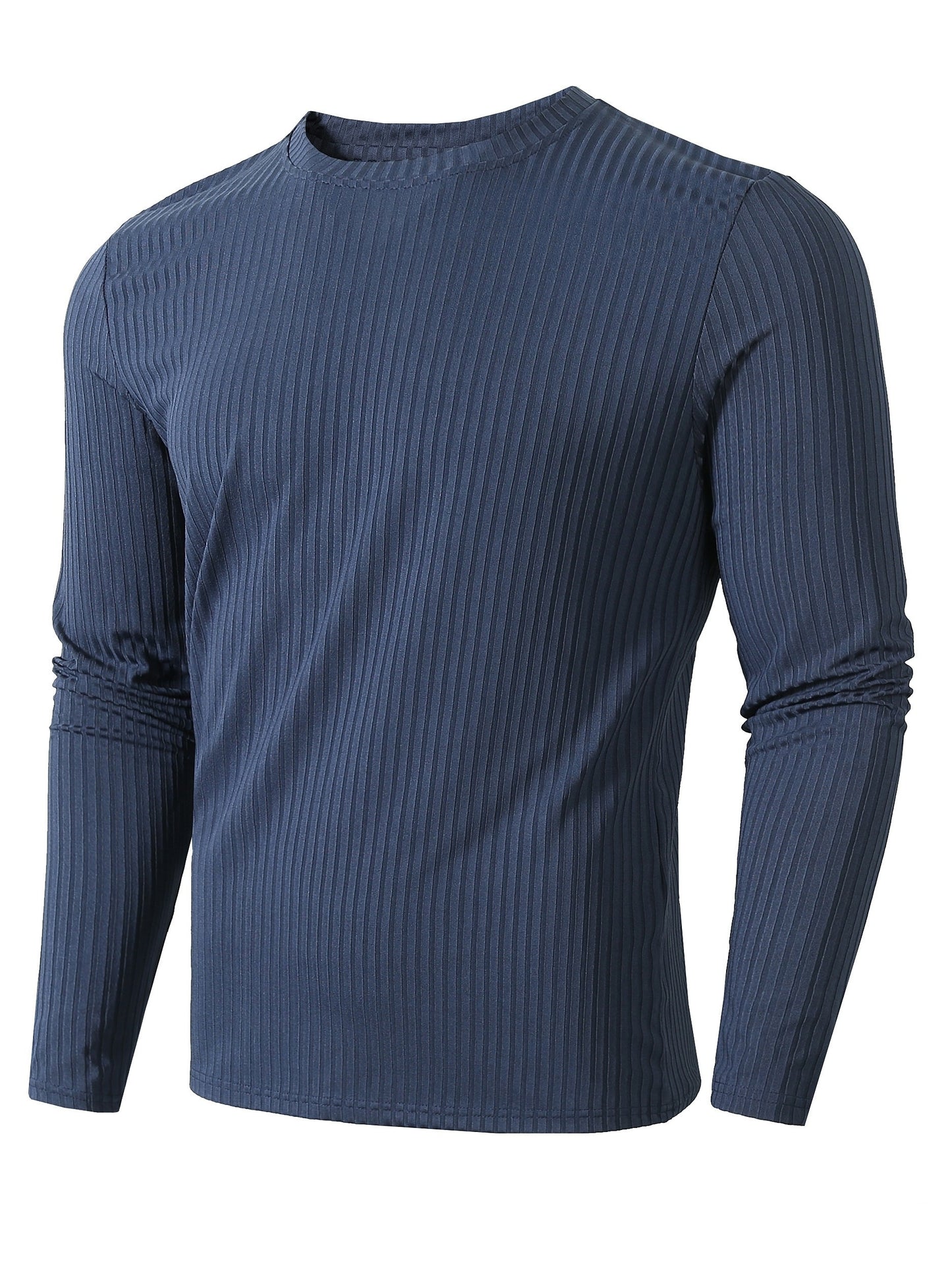 Ribbed Men's Casual Stretch Breathable Lightweight Long Sleeve Round Neck T-shirt For Spring Fall, Running Training
