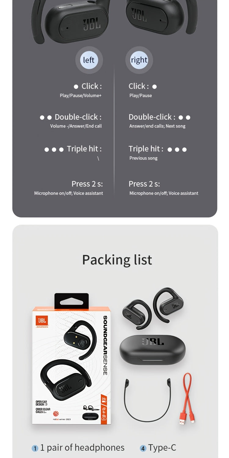 2024 New JBL Soundgear sense Open Wireless Earphones Bone Conduction Sports Running Headphones, Wireless Earbuds, HIFI Sound Quality, HD Calling, 1200mAh Rechargeable Battery, Wireless Connectivity