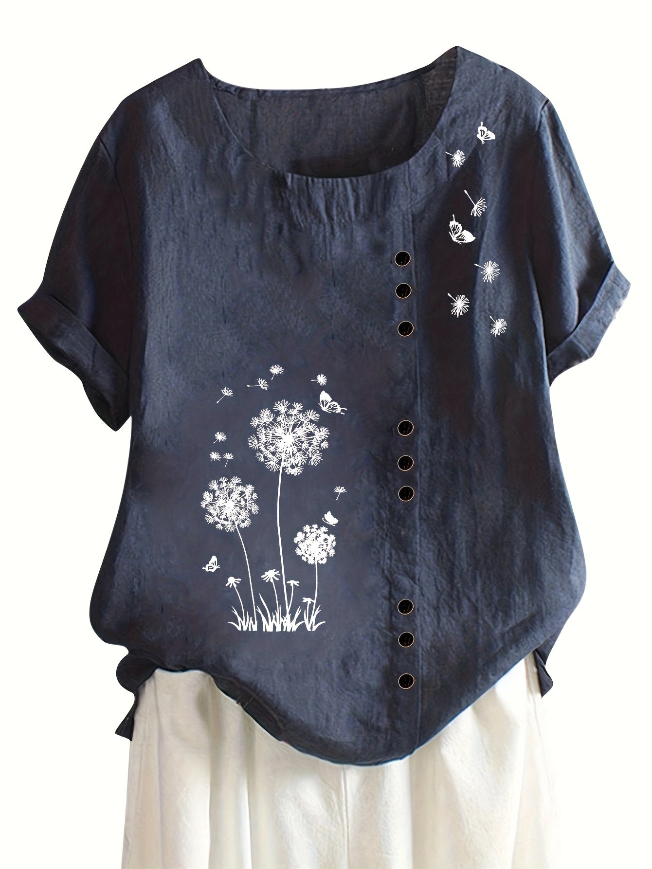Dandelion Print Button Decor T-Shirt, Casual Crew Neck Short Sleeve T-Shirt For Spring & Summer, Women's Clothing