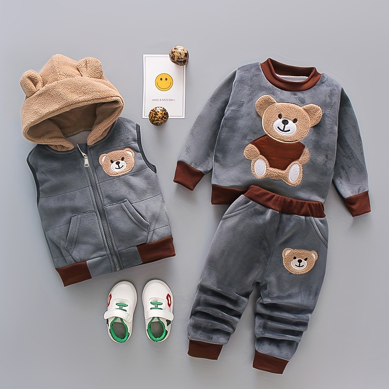 Boy's Thermal Velvet Outfit 3pcs, Bear Patchwork Sweatshirt & Hooded Vest & Jogger Pants Set, Toddler Kid's Clothes For Spring Fall Winter Daily & Outdoor Wear