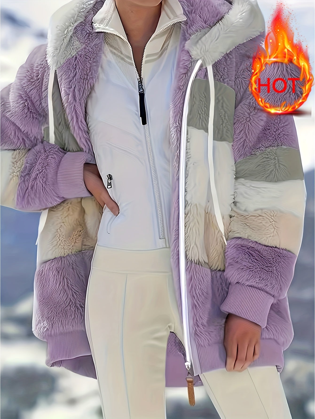 Women's Plush Faux Fur Hooded Jacket - Loose Fit Color Block Coat with Blue/Beige/White/Black Design, Long Sleeve Winter Warmth, Machine Washable for Casual & Formal Outfits, Ladies Winter Coats, Autumn Layering Piece, Formal