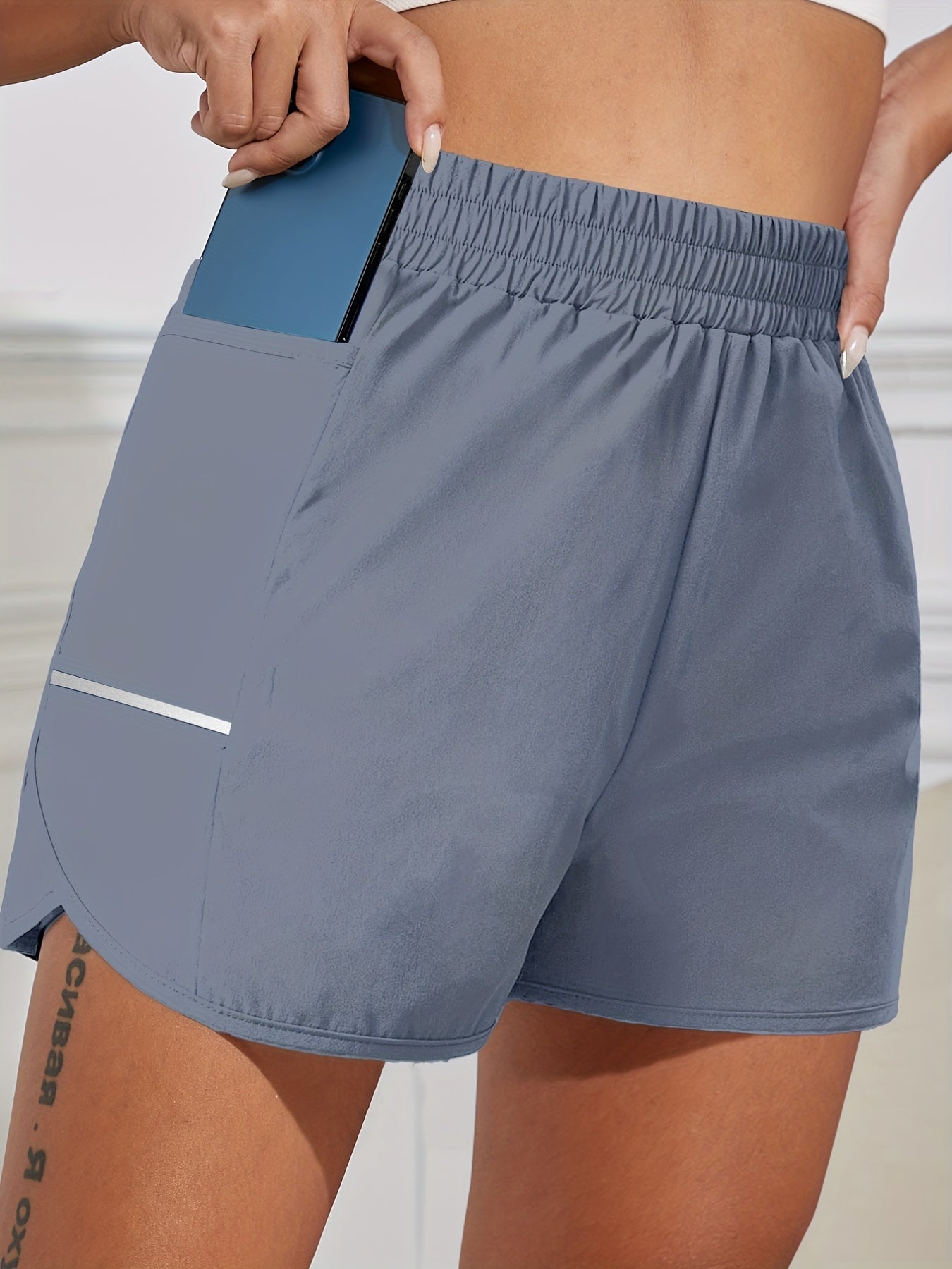 Women's Sports Shorts With Phone Pocket, Elastic Waist Quick Drying Running Shorts, Women's Activewear