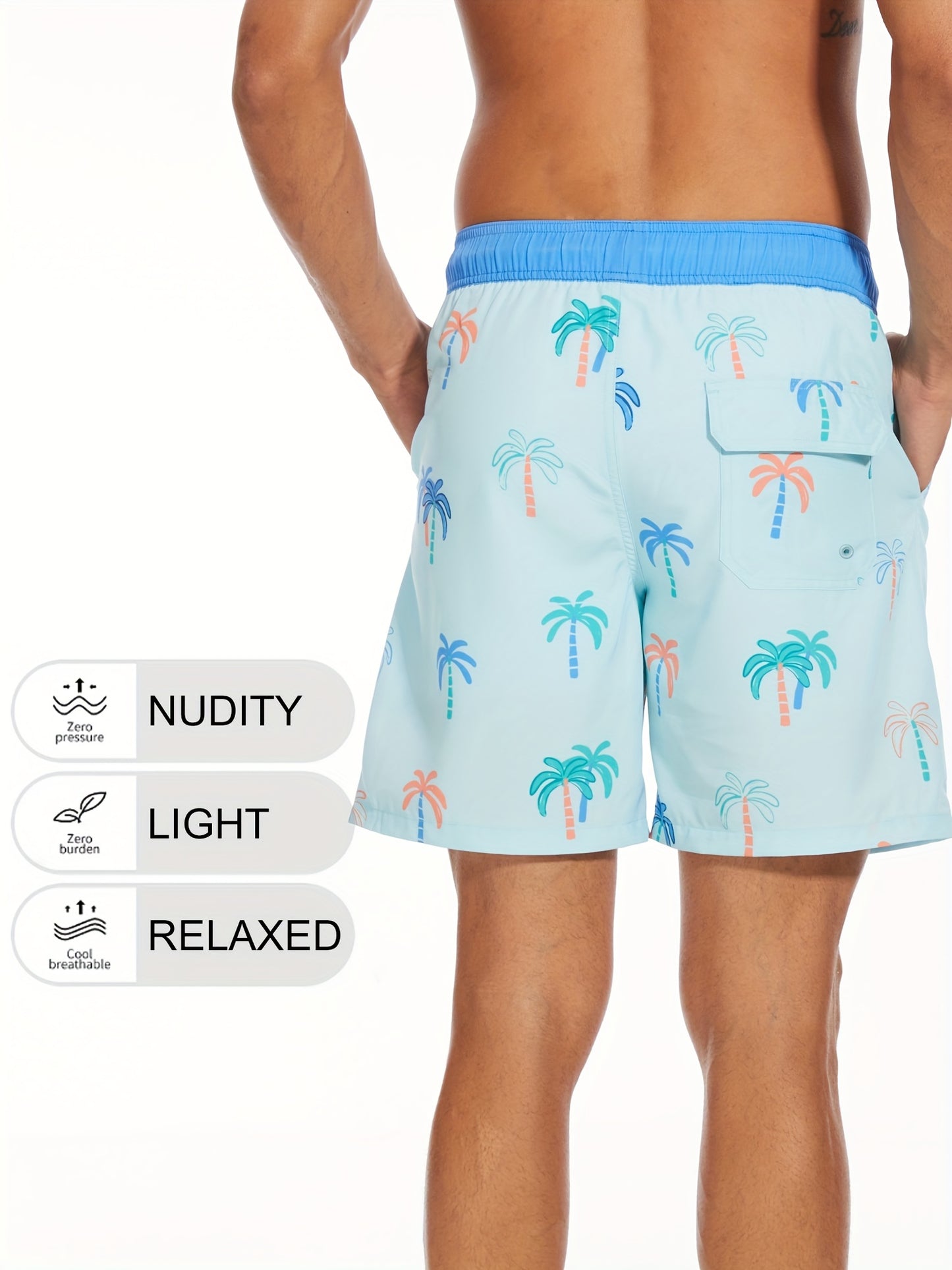 Men's Quick-Dry Beach Shorts with Tropical Palm Tree & Palm Leaf Print - Breathable Stretch Fabric for Summer, Outdoor, Hiking, Swimming - Machine Washable Casual Athletic Shorts, Outdoor Activewear, Summer Shorts