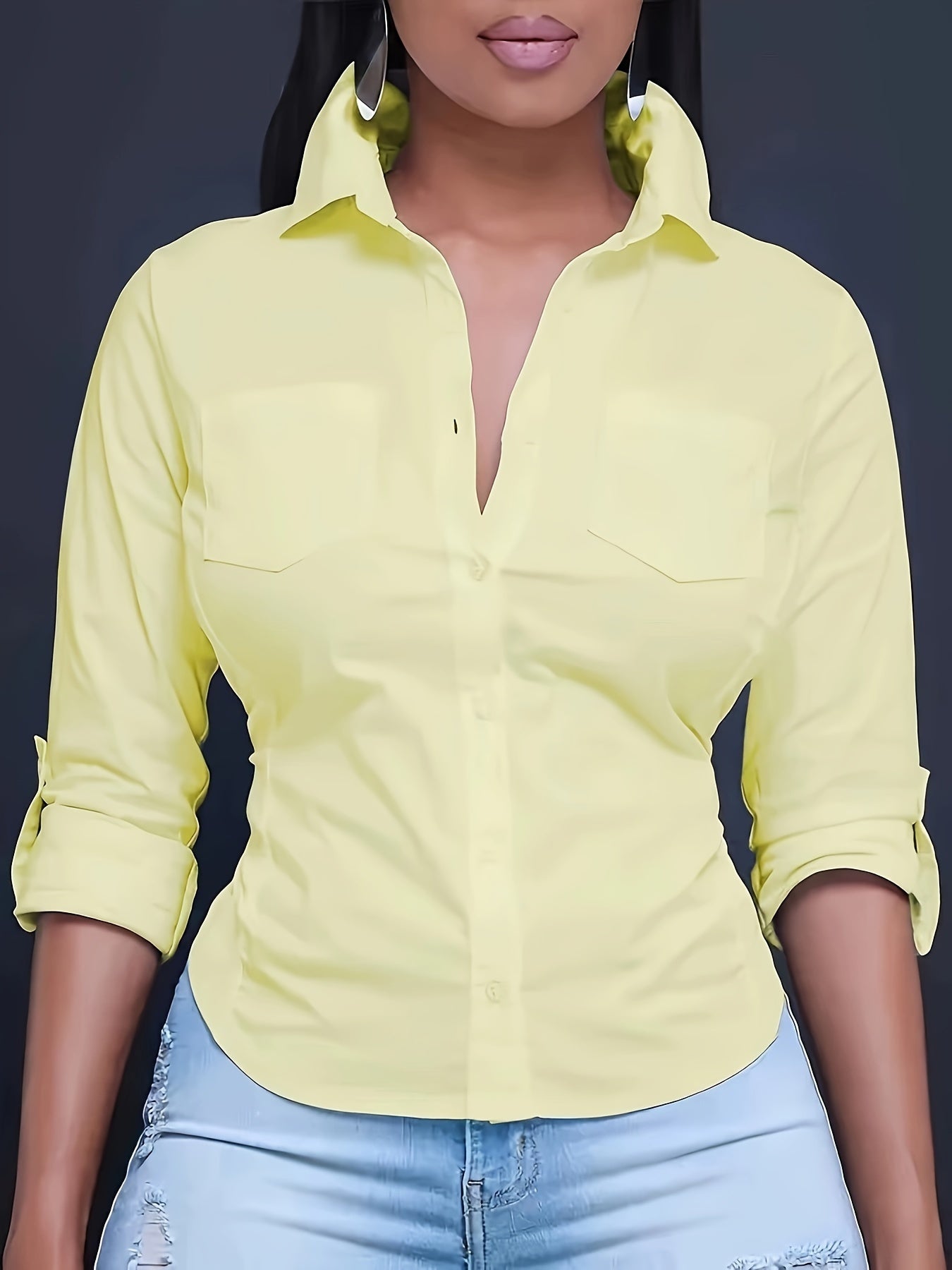 Solid Color Button Front Shirt, Casual Long Sleeve Pocket Shirt For Spring & Fall, Women's Clothing