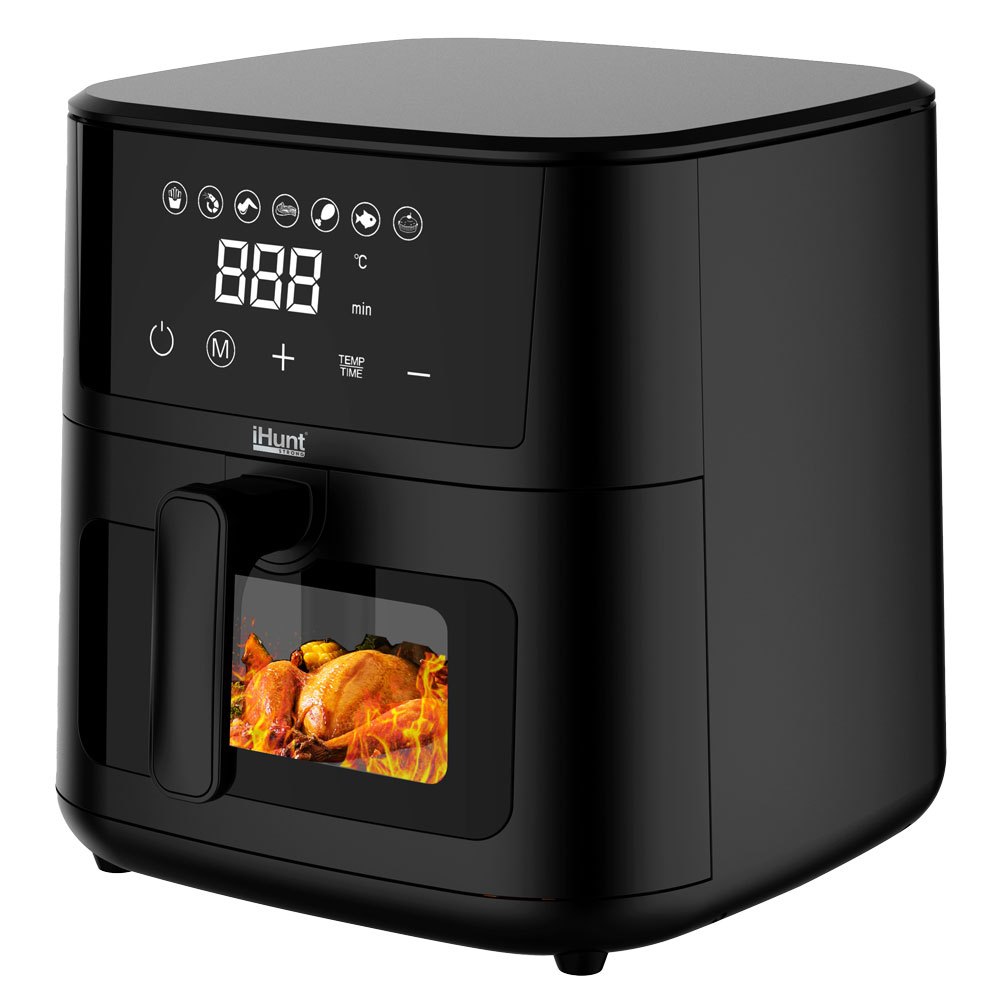 Hunt Bro Air Fryer Ultra 4.2L, 1200W, with 60-Min Timer, Adjustable Thermostat (80–200°C), Viewing Window, Auto Shut-Off, Overheat Protection, Stainless Steel, 33 x 24.5cm, Black