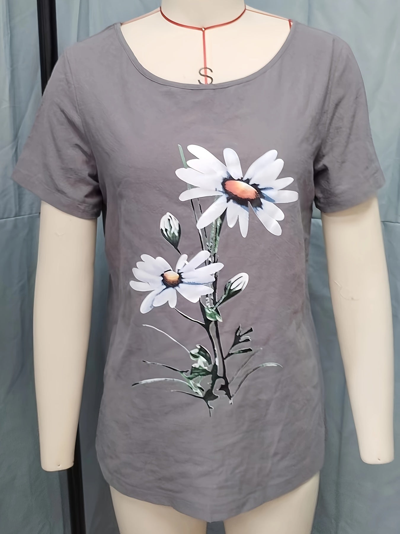 Floral Print Crew Neck Blouse, Casual Short Sleeve Blouse For Spring & Summer, Women's Clothing